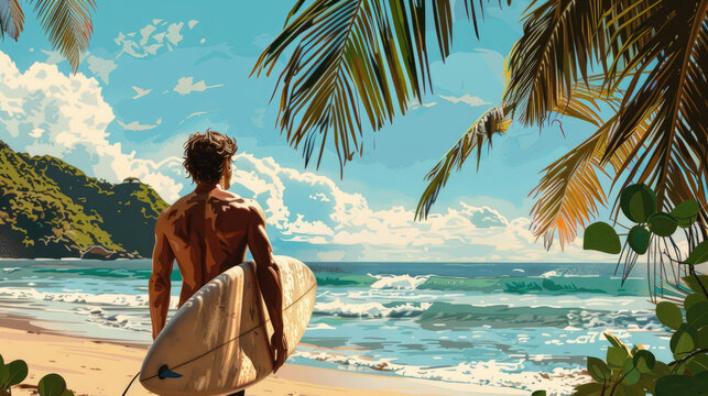 A tanned man with a surfboard under palm trees on the ocean shore.