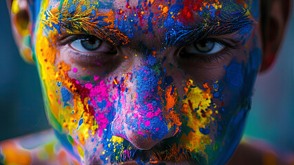 close up of a color festival scene in india, face with colors, colored background