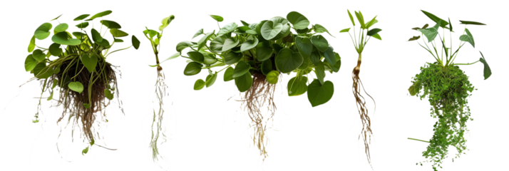 set of aquatic creepers suitable for water gardens, with floating roots and leaves, isolated on transparent background