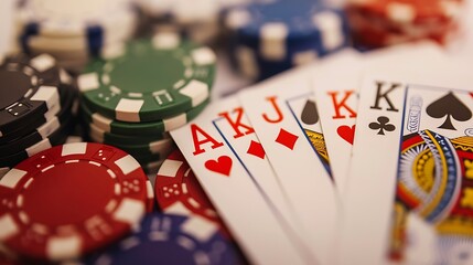 Close-up shot of a royal flush combination laid out on a clean white surface, showcasing the excitement of a winning hand.