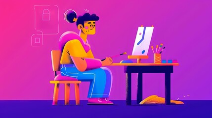 Joyful painter surrounded by an array of colorful paints and canvases