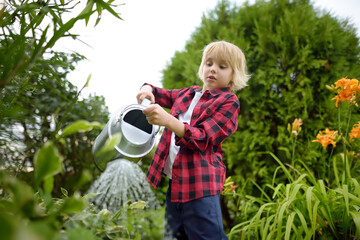 Cute preteen boy watering plants in the garden at summer sunny day. Child helps family with work in domestic garden. Summer outdoors activity and chores for kids during holidays.