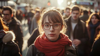 .A woman in glasses and red scarf stands out from the crowd of men dressed as business people on busy street
