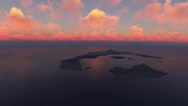 Aerial view at sunset of the island Thira or Fira in Santorini. Greece