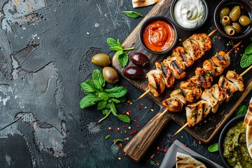 Top view of a rustic wooden board holding chicken kebabs and spicy dipping sauces, surrounded by...