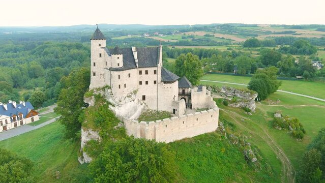Royal medieval Bobolice castle, part of Eagles Nests trail, chain of fortresses in south-western Poland protecting western border. Major tourist spot for castle lovers. Polish Jura region.