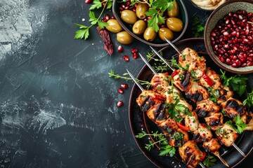 Traditional chicken kebab platter garnished with pomegranate seeds and fresh herbs, accompanied by...