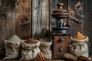 Vintage styled setup with an old spice grinder and assorted spices in burlap sacks, nostalgic and textured - Powered by Adobe