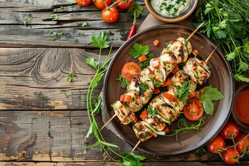 Elegant flat lay of a plated chicken kebab garnished with fresh herbs, tomatoes, and a side of...