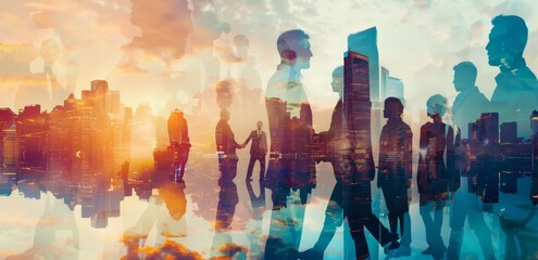 Double exposure photograph of a group of business people shaking hands and a cityscape, in the style of double exposure photography Generative AI