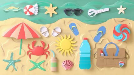 This is a beach scene. There is a blue sea with white waves, and sand that is covered in various beach items. paper cut style.