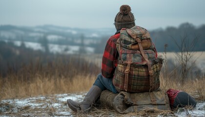 Naklejka premium Person sitting on a cold winter field