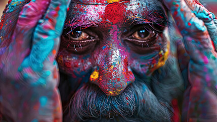 close up of a color festival scene in india, face with colors, colored background