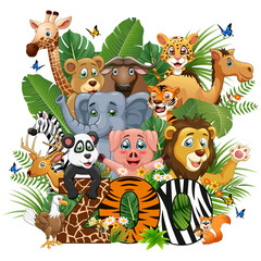 Naklejka premium Animals in the jungle on a white background. Vector illustration.