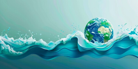 ocean waves and a globe, blue and green color palette