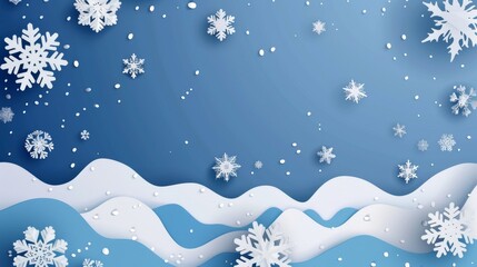 A blue background with a white snowflake pattern and a white wavy bottom border. paper cut style.