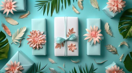 Three Christmas ornaments with bows and ribbons on a feather background