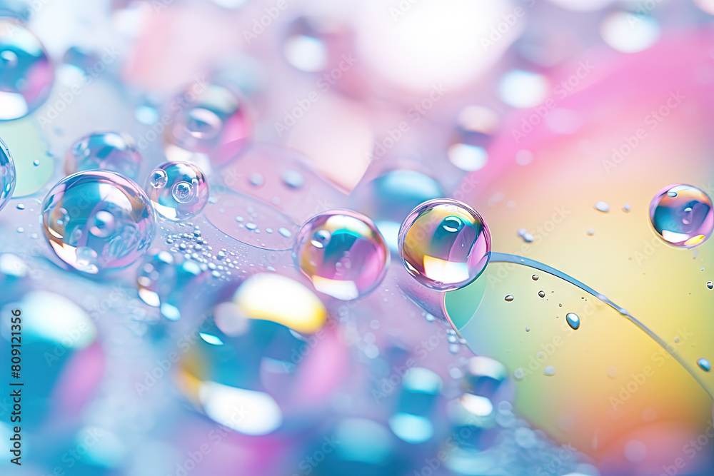 Poster pink holographic bubbles floating on the soft colorful abstract background in beautiful vivid tones.