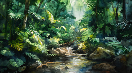 A painting of a jungle scene with a stream running through it