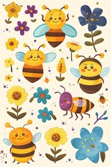 Fototapeta premium Adorable Bee themed Digital Sticker Set with Cheerful of Busy Bumblebees Pollinating Flowers and Collecting Honey