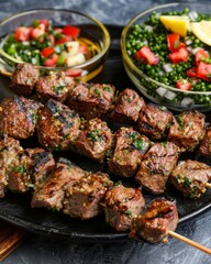 Lamb kebabs served with tabbouleh and lemon wedges