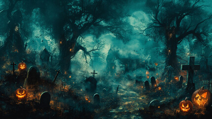A Halloween themed painting of a graveyard with a cemetery full of gravestones