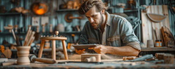 Craftsman using tablet in a woodshop