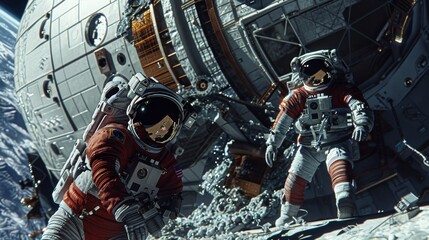 Two astronauts in red and white suits conduct operations near a complex spacecraft in orbit around Earth. - obrazy, fototapety, plakaty