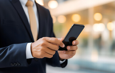 Businessman using smartphone searching for online information on