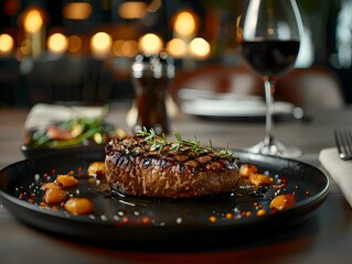 Upscale Steakhouse Dining Experience with Elegant Plating and Mood Lighting