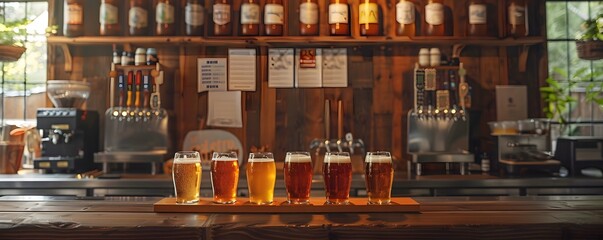 Craft Beer Tasting Flights in Cozy Wooden Pub Interior for Dining and Social Experiences