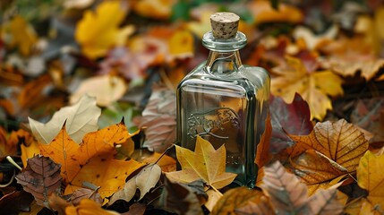 Glass bottle nestled among a bed of colorful autumn leaves, a symbol of seasonal beauty and tranquility.