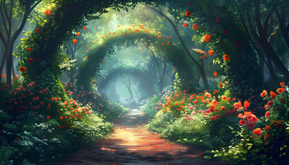 A beautiful, enchanting secret fairytale garden with flower arches and colorful greenery, perfect for fantasy-themed designs, garden events, and artistic inspiration.