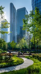 Contemporary Urban Park Amidst Towering Skyscrapers People Enjoying Outdoor Leisure