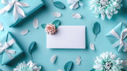 Aqua rectangle card with a flower on it and surrounded by gifts and flowers, mockup