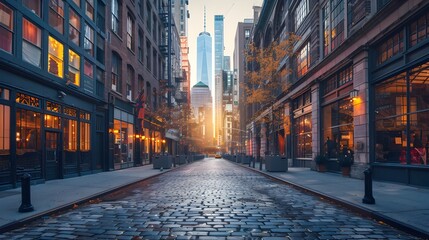 Fototapeta premium Historic Business District Blending Old and New in Urban Cityscape at Sunset