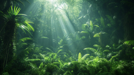 A lush green jungle with sunlight shining through the trees