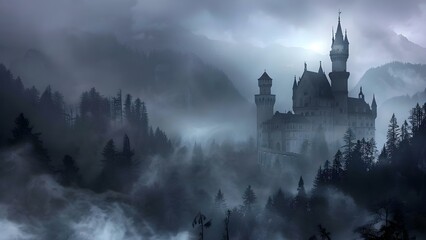 A Spine-Chilling Story Unfolds in a Haunting Gothic Castle Amidst a Forested Mountain. Concept Gothic Castle, Spine-Chilling Story, Haunting Forest, Mountain Setting, Horror Tale
