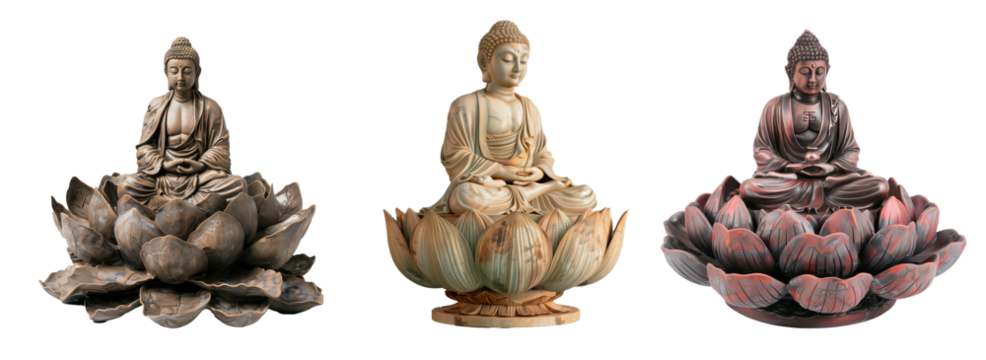 Vintage Buddha Statues on transparent background, concept of Buddhism, spiritual balance, mental practices and tranquility, Asian tradition and culture, beautiful figurines