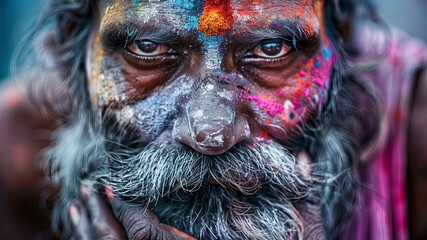 close up of a color festival scene in india, face with colors, colored background