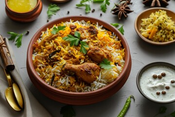 Chicken biriyani using jeera rice and spices arranged in earthenware with raitha and lemon pickle , Ai generated