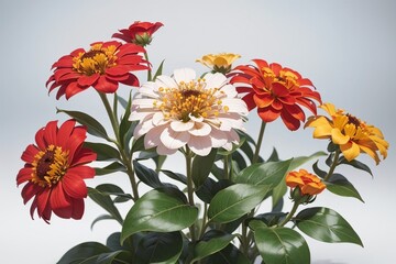 Zinnia flowers, close up photography on white background