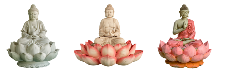 Vintage Buddha Statues on transparent background, concept of Buddhism, spiritual balance, mental practices and tranquility, Asian tradition and culture, beautiful figurines