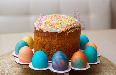 bright Easter cake and colorful painted eggs, Easter holiday