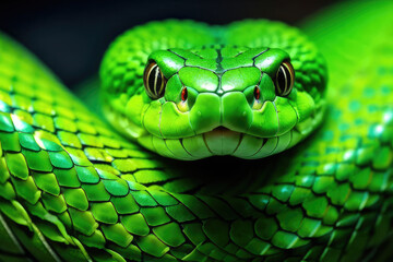 Fototapeta premium A curled up green snake with yellow eyes