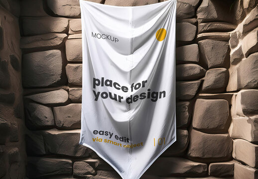 Flag hanging on rock wall mockup 01 Generative Ai