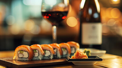 A sushi roll with a bottle of wine and a small dish of sauce on a wooden table