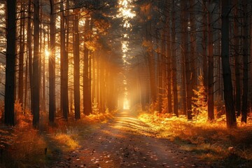 Sunlight filtering through dense forest canopy, illuminating trees