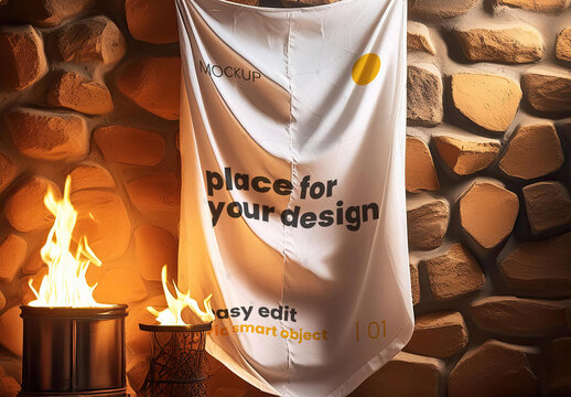 Flag hanging on rock wall with fire mockup 01 Generative Ai