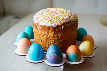 bright Easter cake and colorful painted eggs, Easter holiday